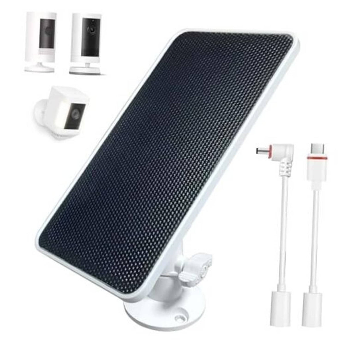 Outdoor solar panel charger with dark panel and white wall-mount bracket