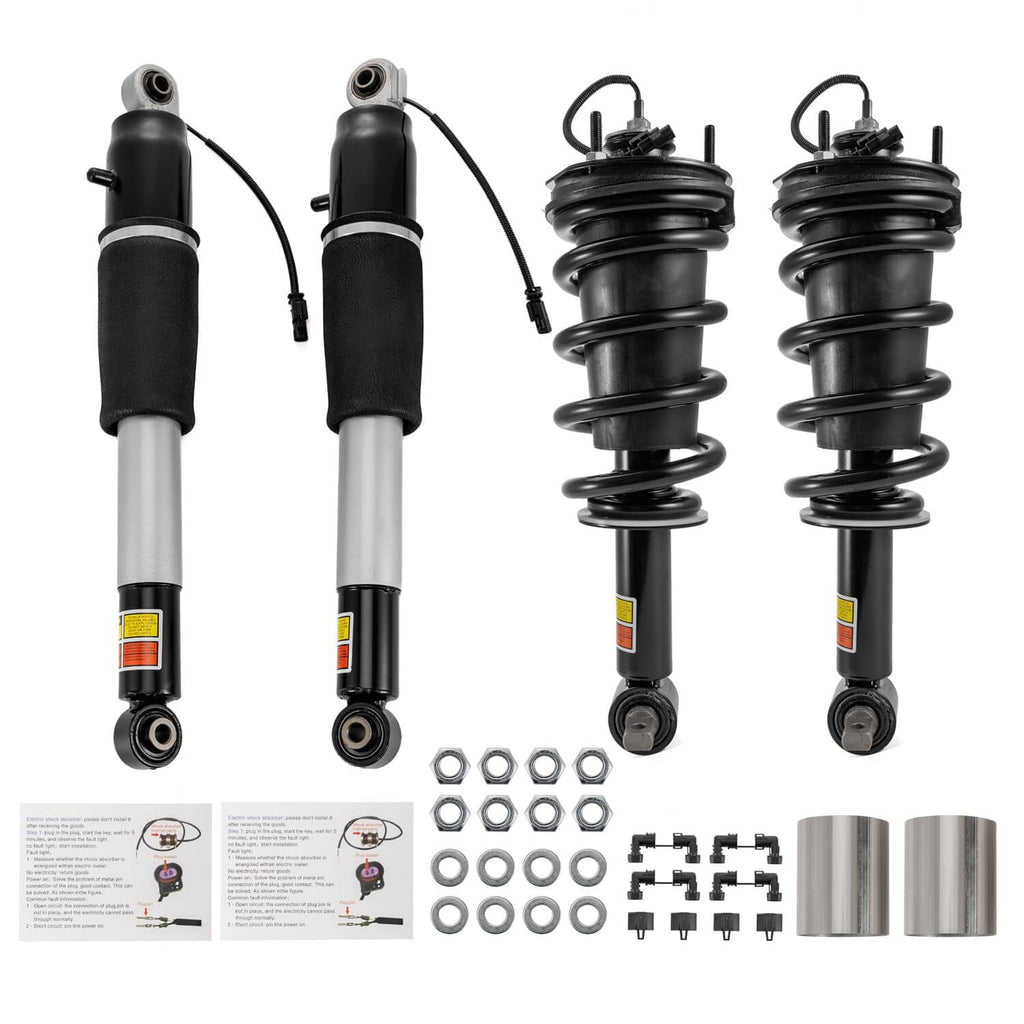 Four-piece shock strut kit with black coil springs, silver tubes, and included fasteners