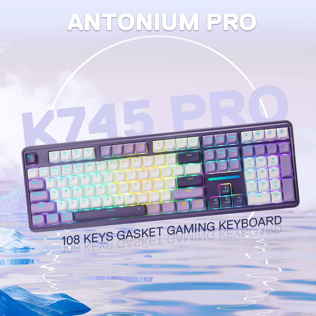 Purple 108-key gaming keyboard with white keycaps and wide-spectrum RGB backlighting