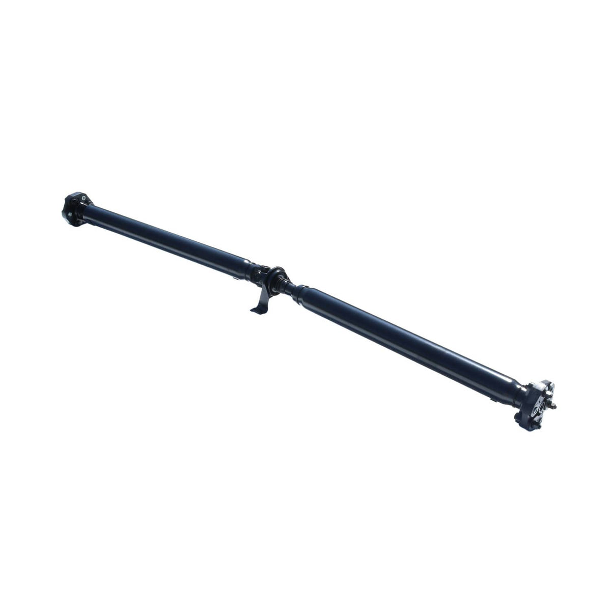 Rear drive shaft angled view with black U-joint and dark blue tube.