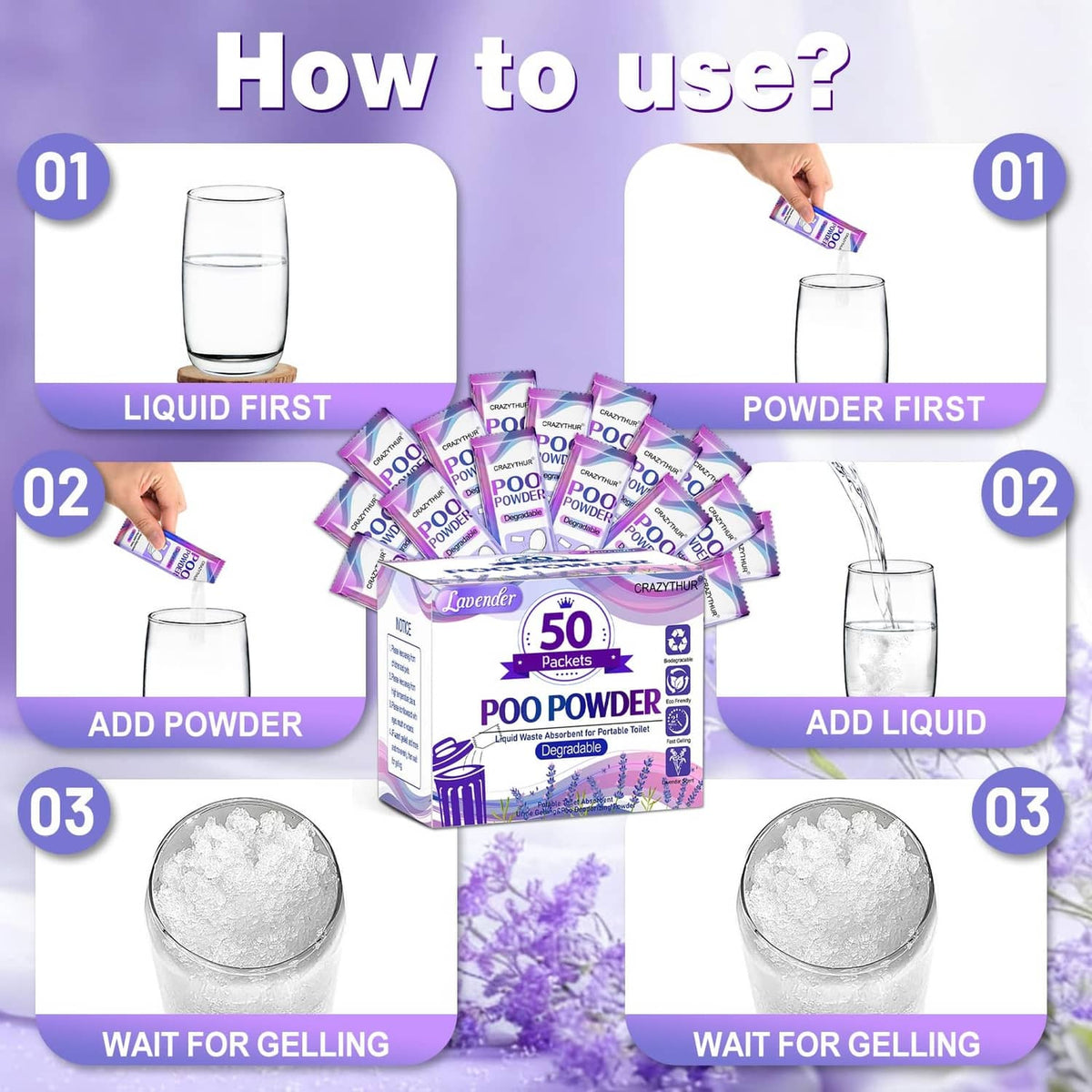 Lavender poo powder usage steps infographic with 50 packets: add powder, wait for gelling