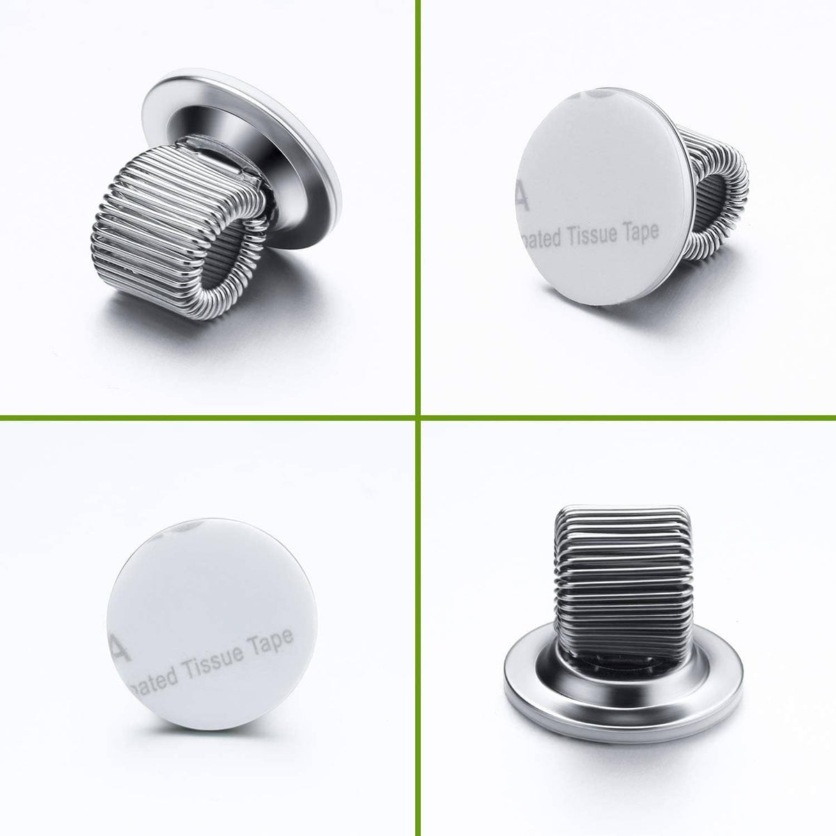 Silver pen holder clip with coiled spring and round base, shown from multiple angles
