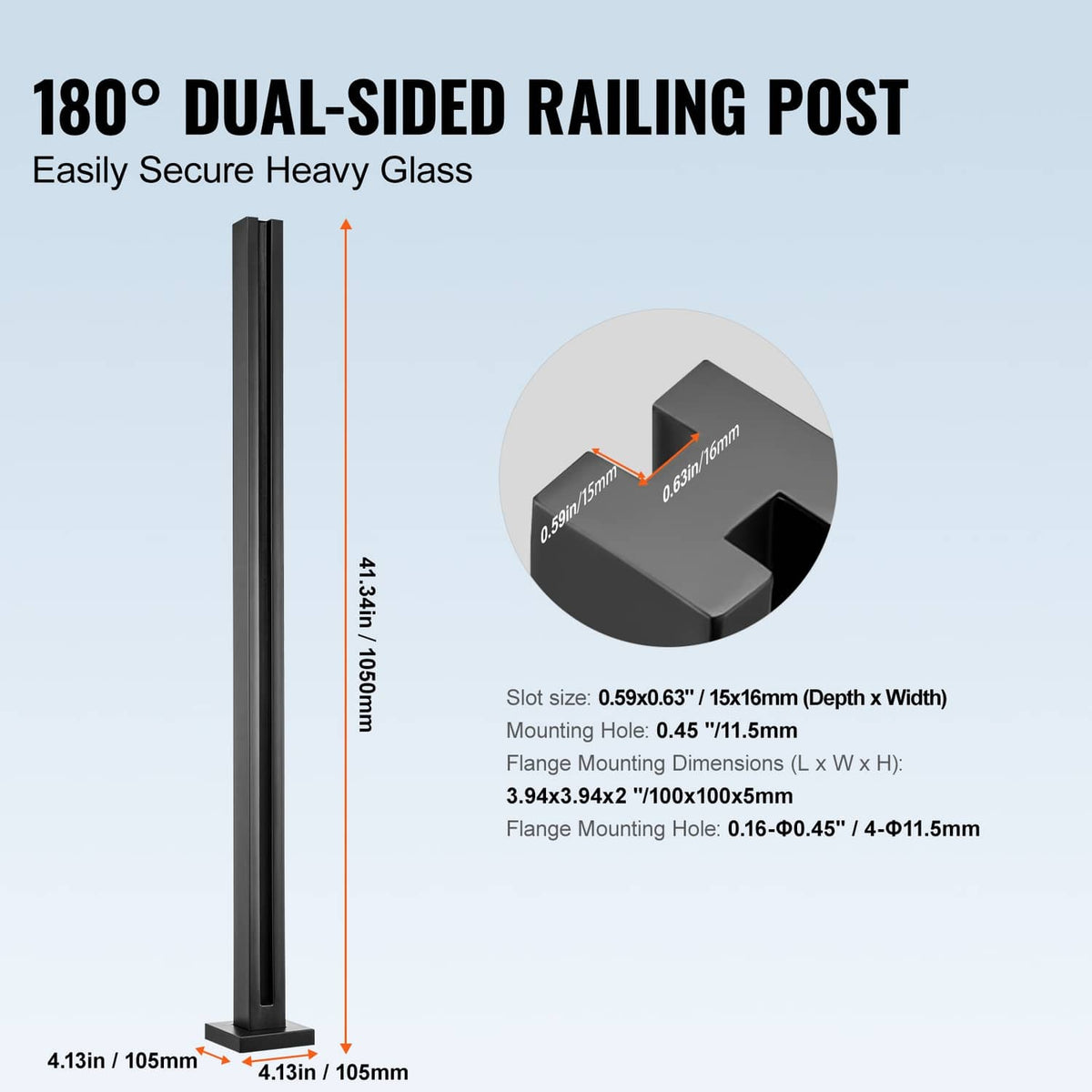Black dual-sided glass railing post clamp bracket with base plate