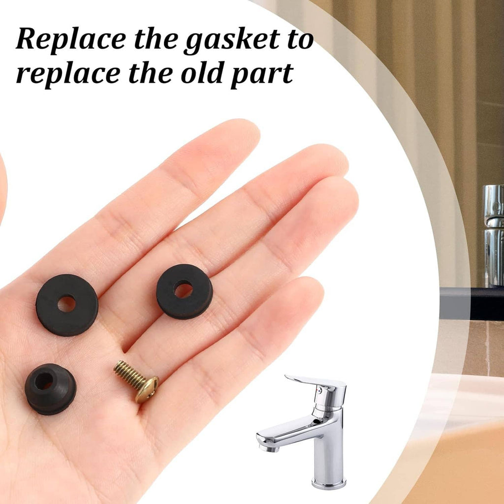 Black rubber faucet washers with brass screws, shown on open palm