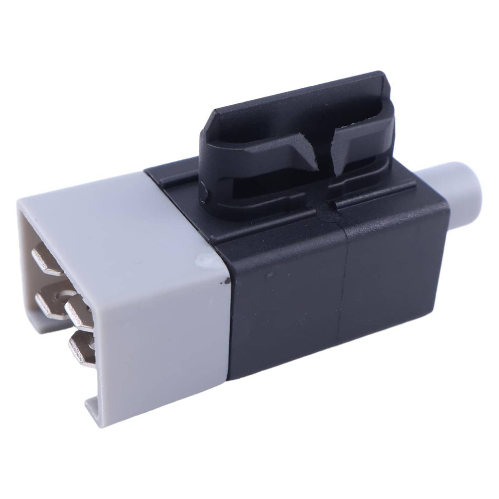 Plunger interlock switch with side metal prongs and raised black activation bracket