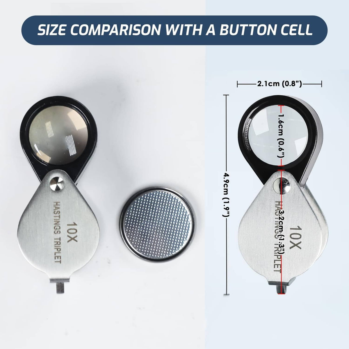 10X triplet loupe and round lens cover, shown with size comparison