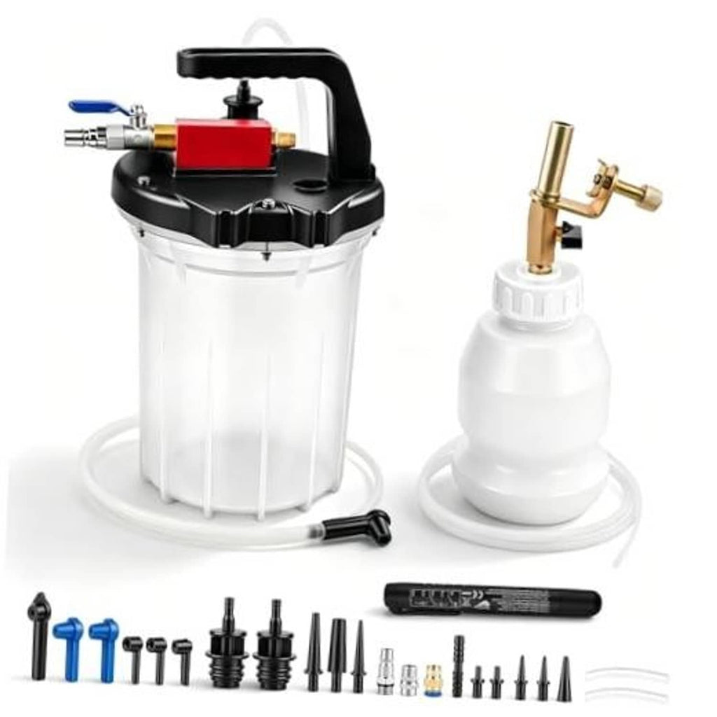 Vacuum brake bleeder pump kit with white reservoir, red valve, and adapter nozzles