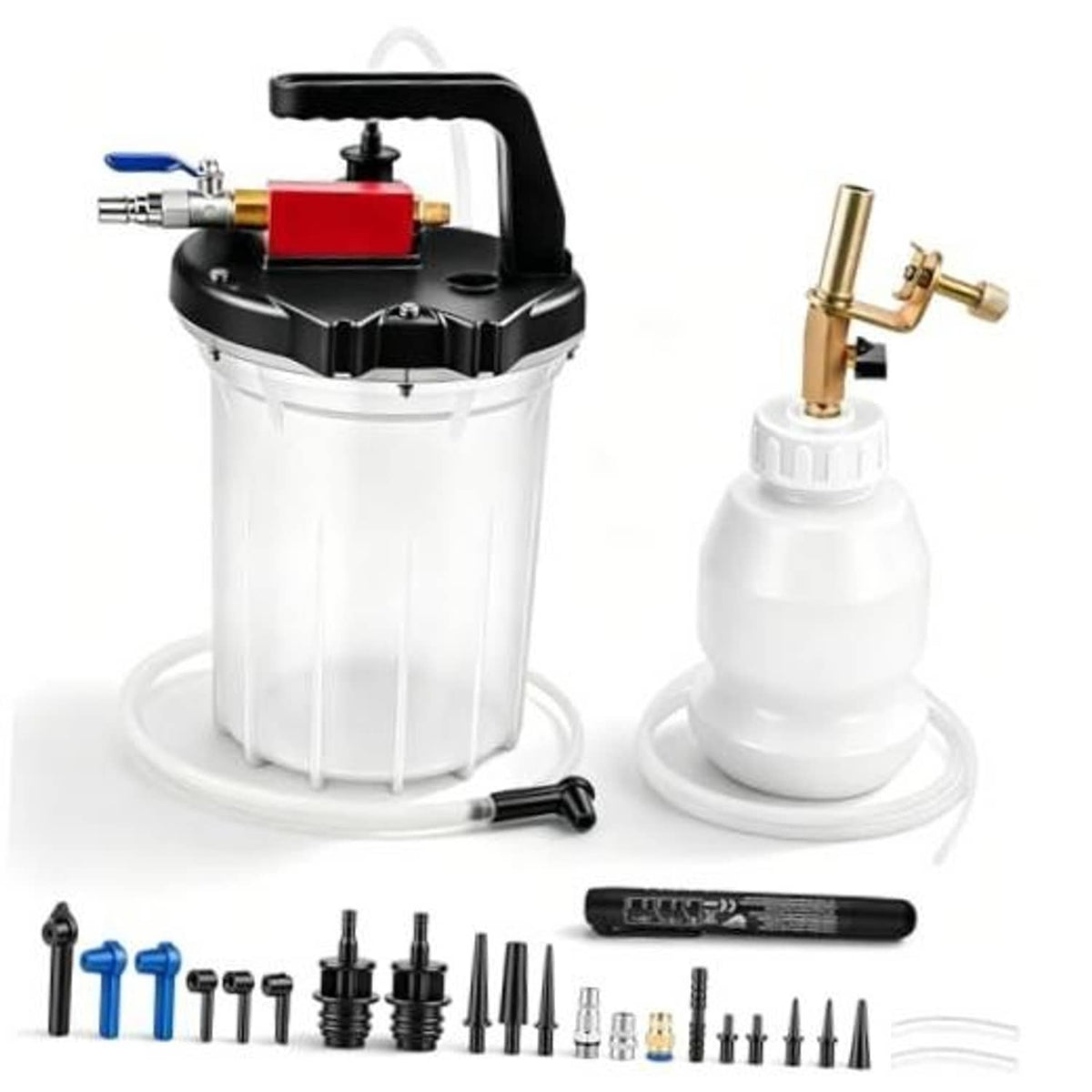 Vacuum brake bleeder pump kit with white reservoir, red valve, and adapter nozzles