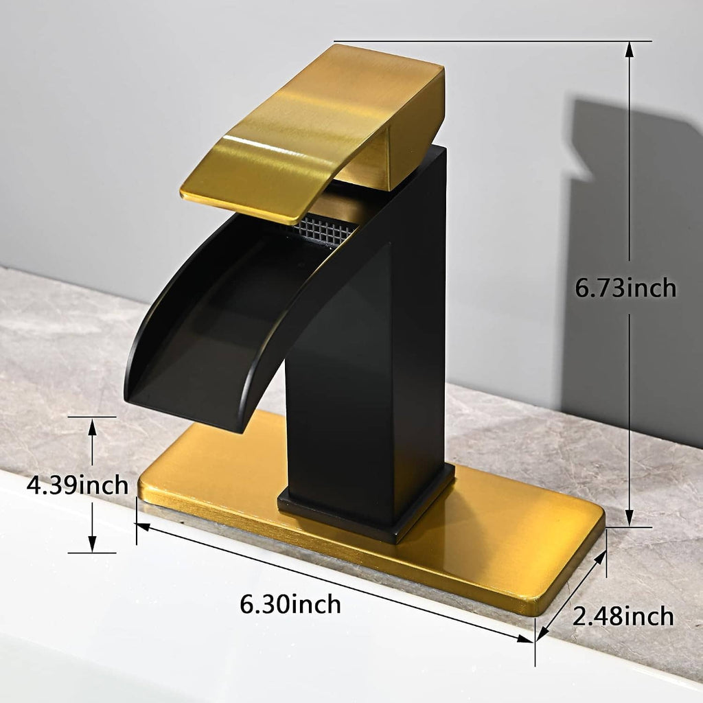 Black single-handle waterfall bathroom faucet with gold base plate and spout
