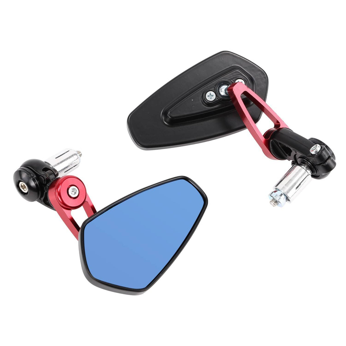 Pair of handlebar-end mirrors with blue lenses, red frames, and black mounting clamps