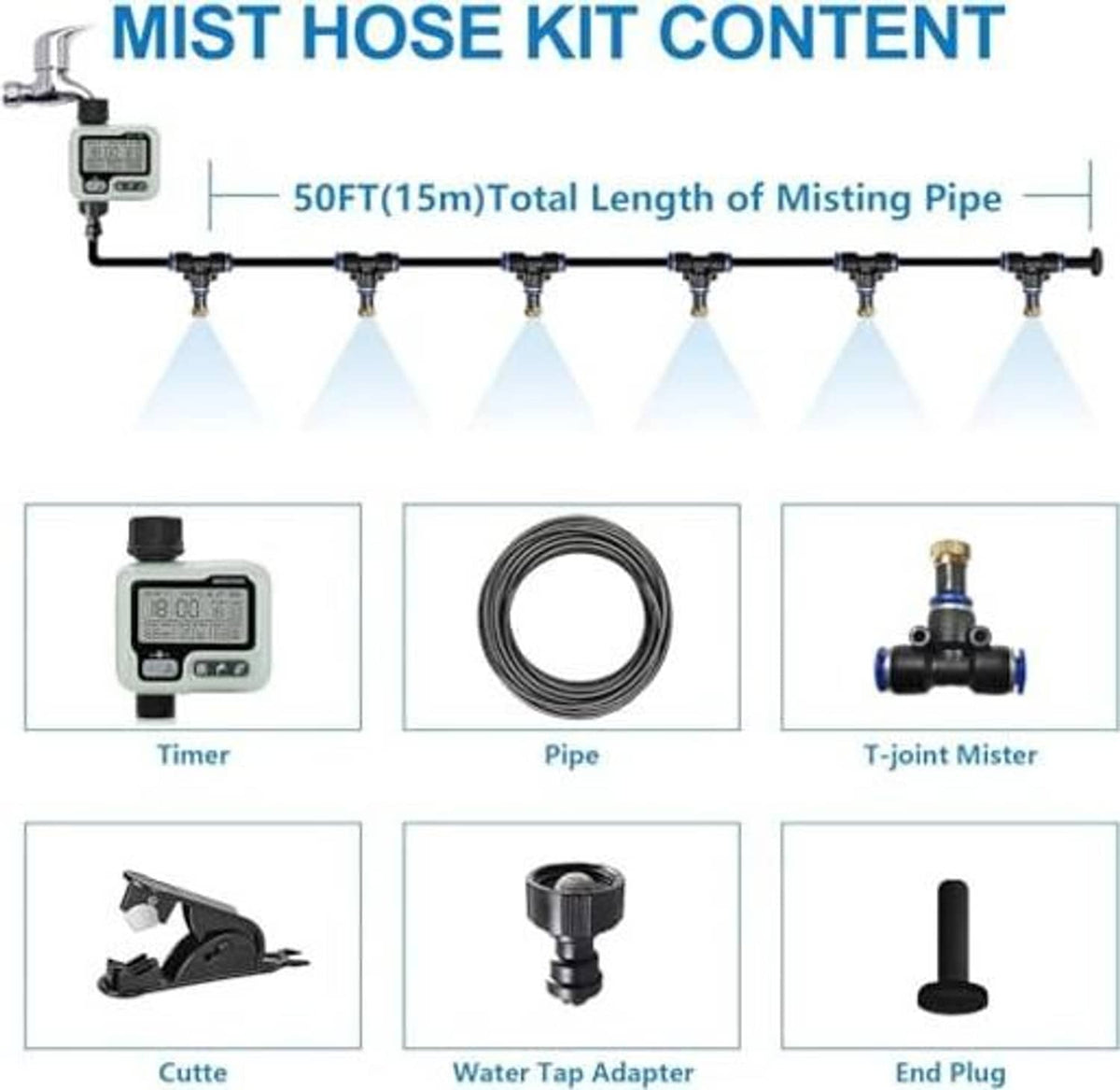 Misting hose kit content set with timer, pipe, t-joint misters, adapter, and end plug