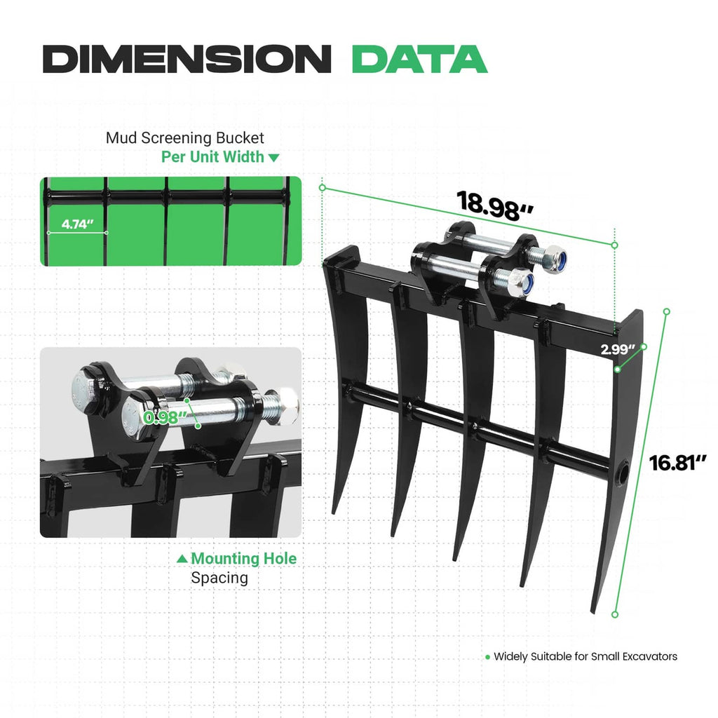 Rake attachment dimension diagram for mini excavator with five-tooth tine spacing, black