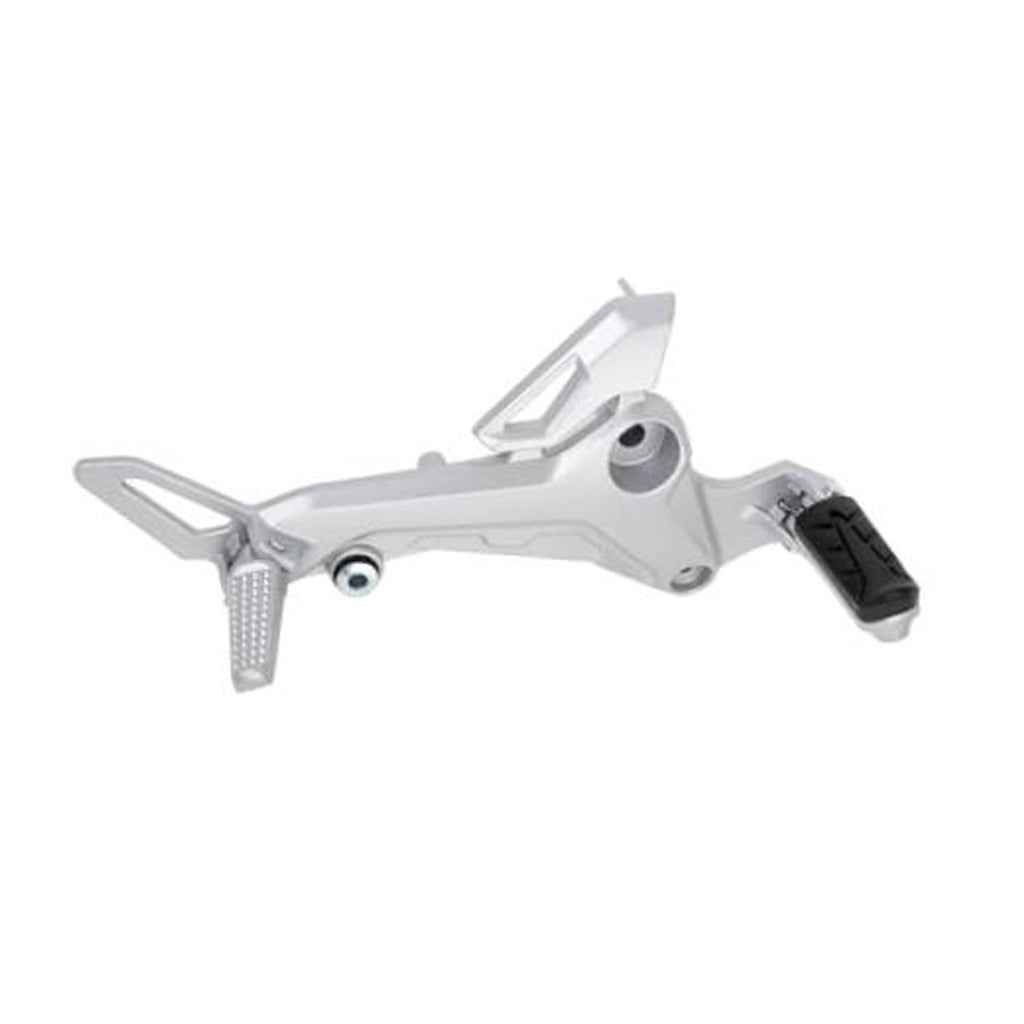 Motorcycle right-side footrest assembly in silver with black rubber pedal