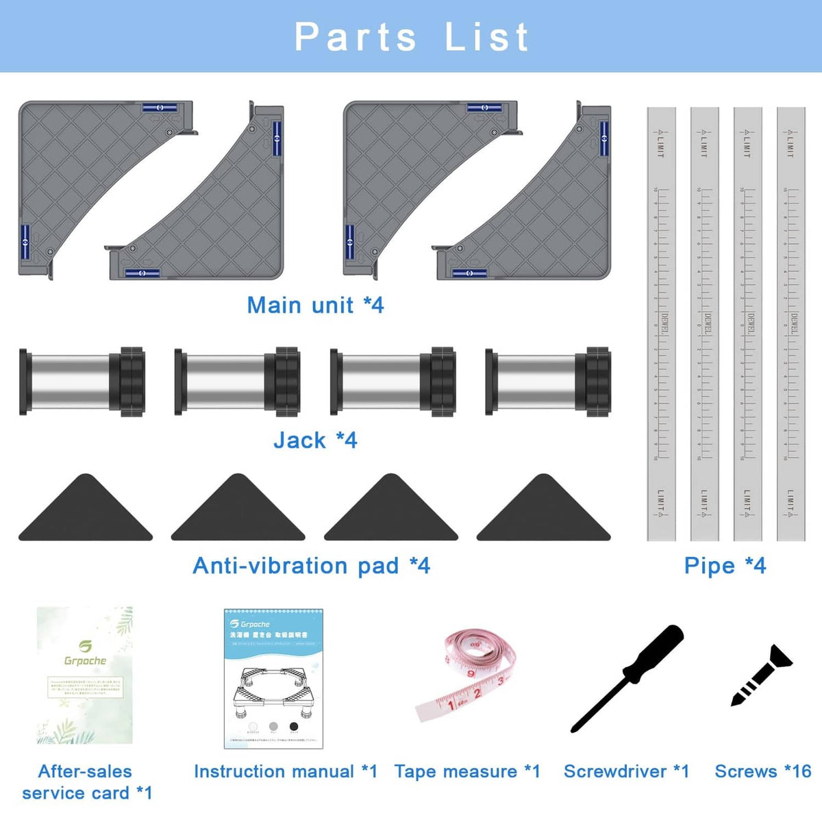 Adjustable mini fridge stand parts list: main unit, jack legs, pads, pipes, manual