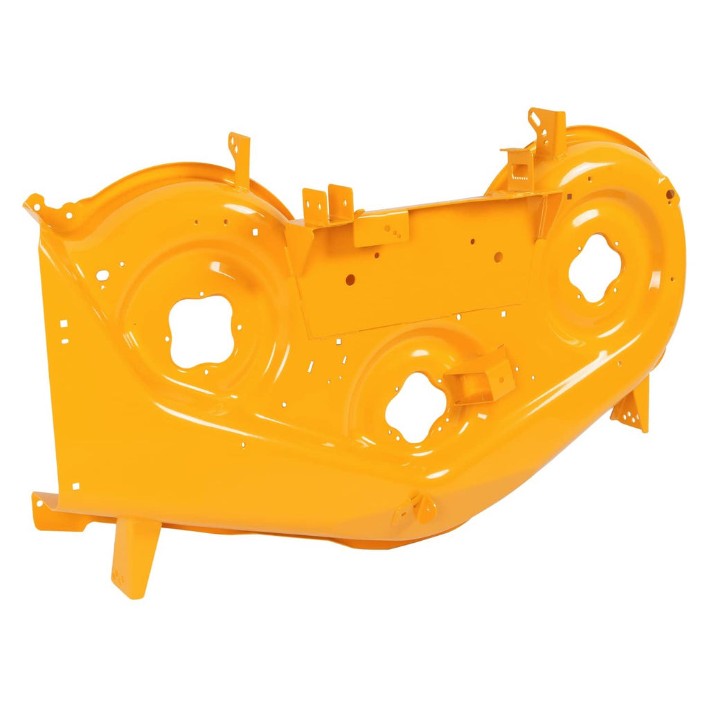 Yellow mower deck shell with multiple spindle openings and attachment points