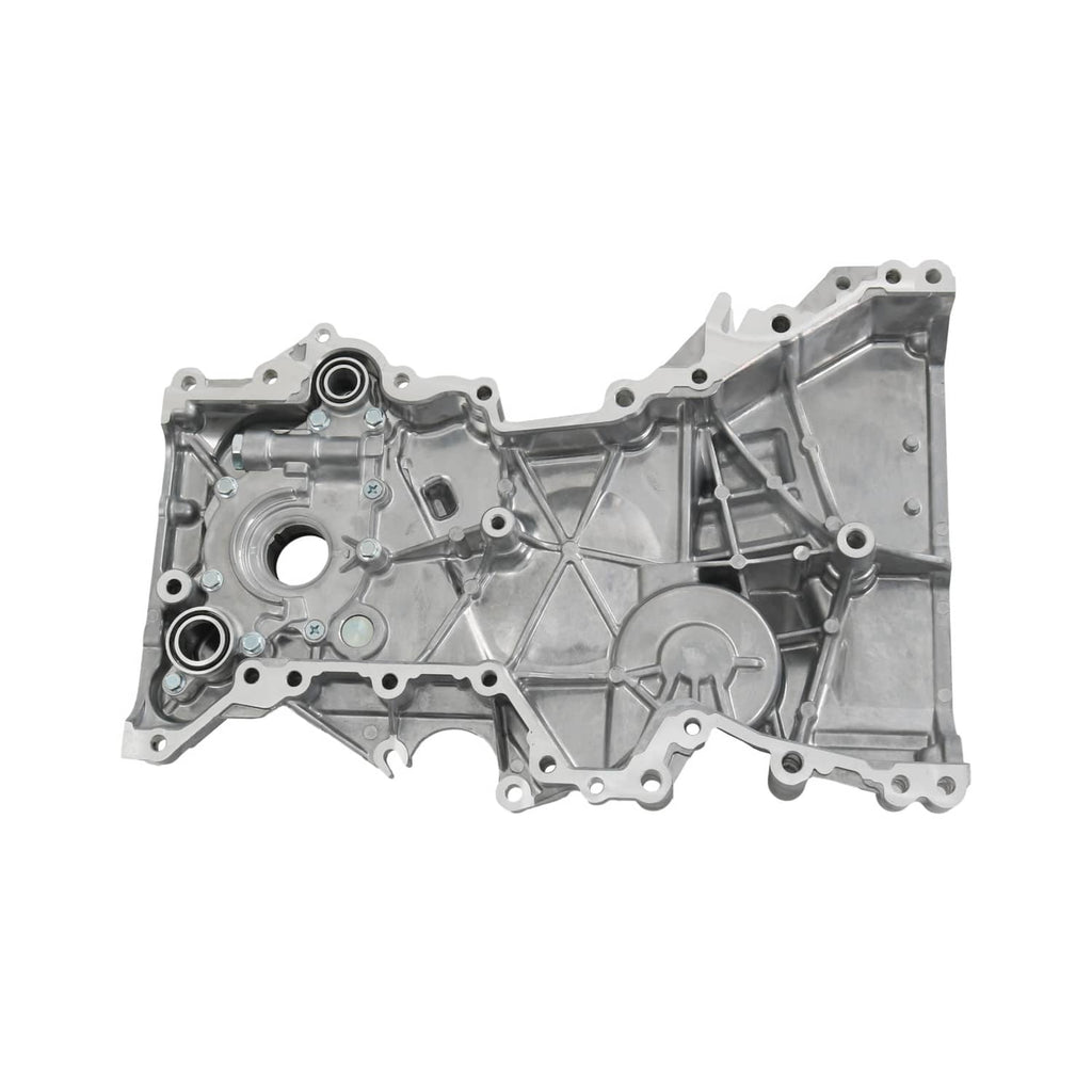 Engine timing cover oil pump assembly, side profile with two round bearing ports and mounting tabs