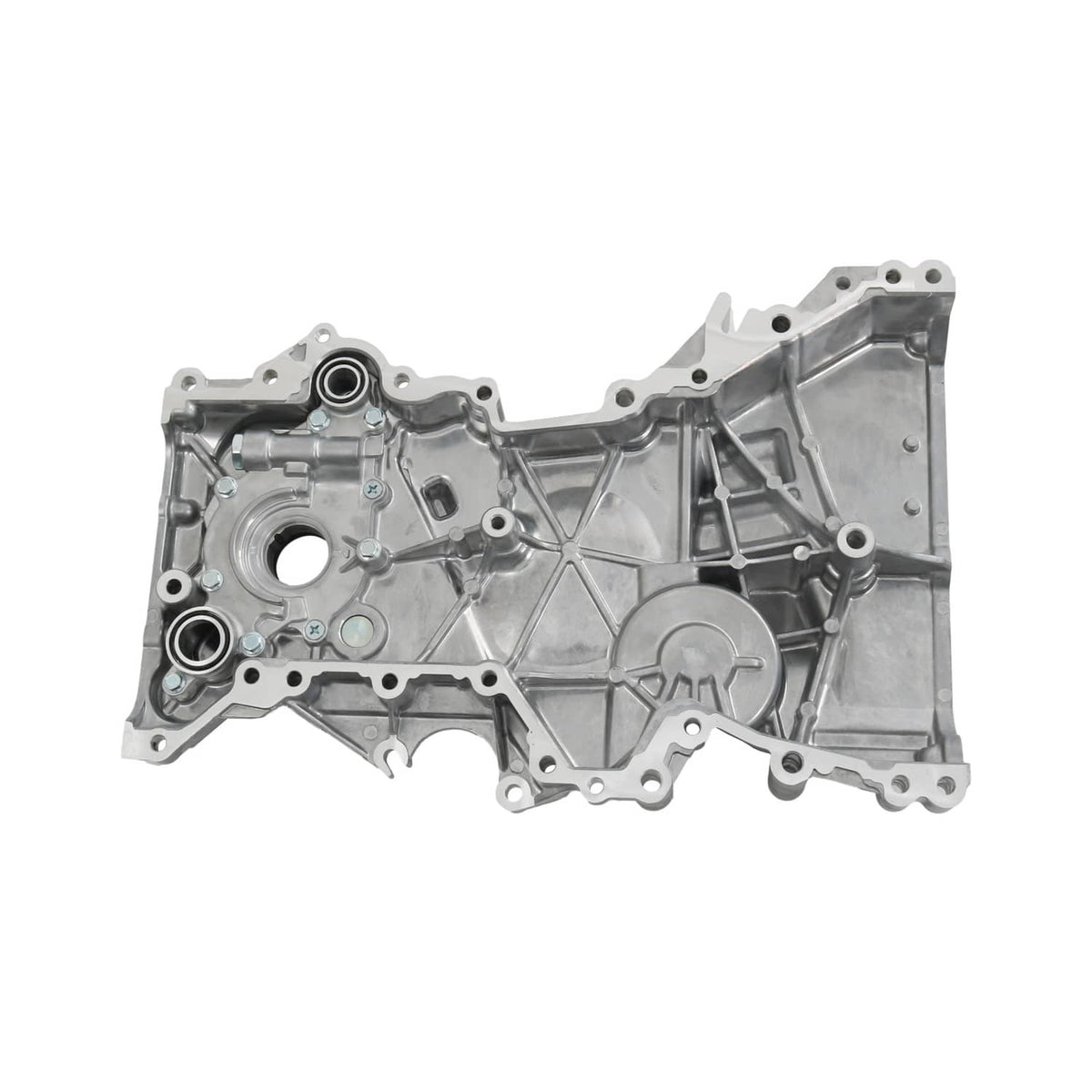 Engine timing cover oil pump assembly, side profile with two round bearing ports and mounting tabs