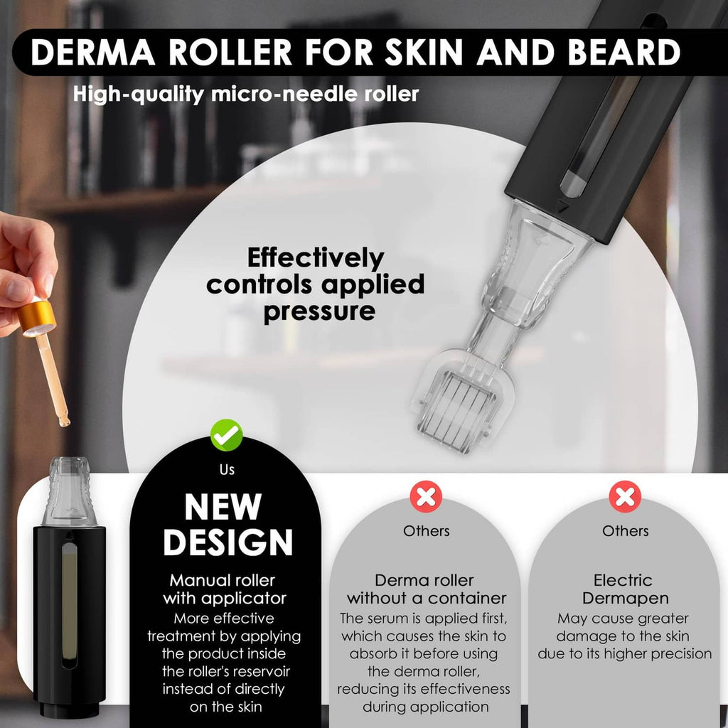 Black handheld derma roller with clear cartridge and exposed needle drum roller head