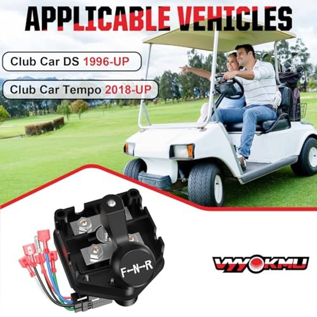 48V forward-reverse switch with F-N-R handle, red/blue wiring, shown on golf cart