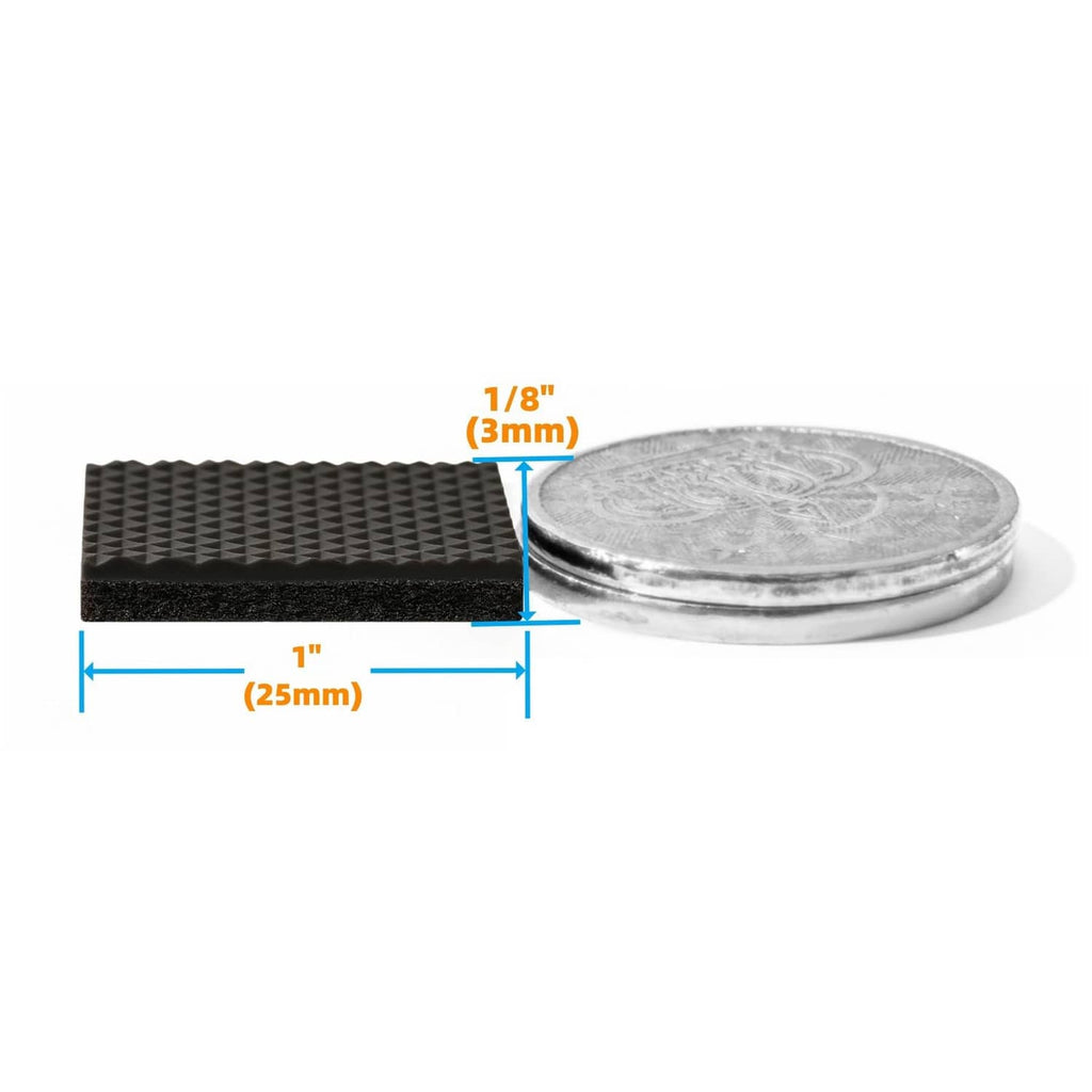 Close-up of black textured square furniture pad with felt backing and thin profile