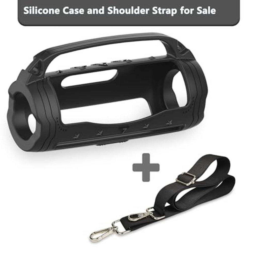 Black silicone speaker case with detachable shoulder strap and accessory hardware
