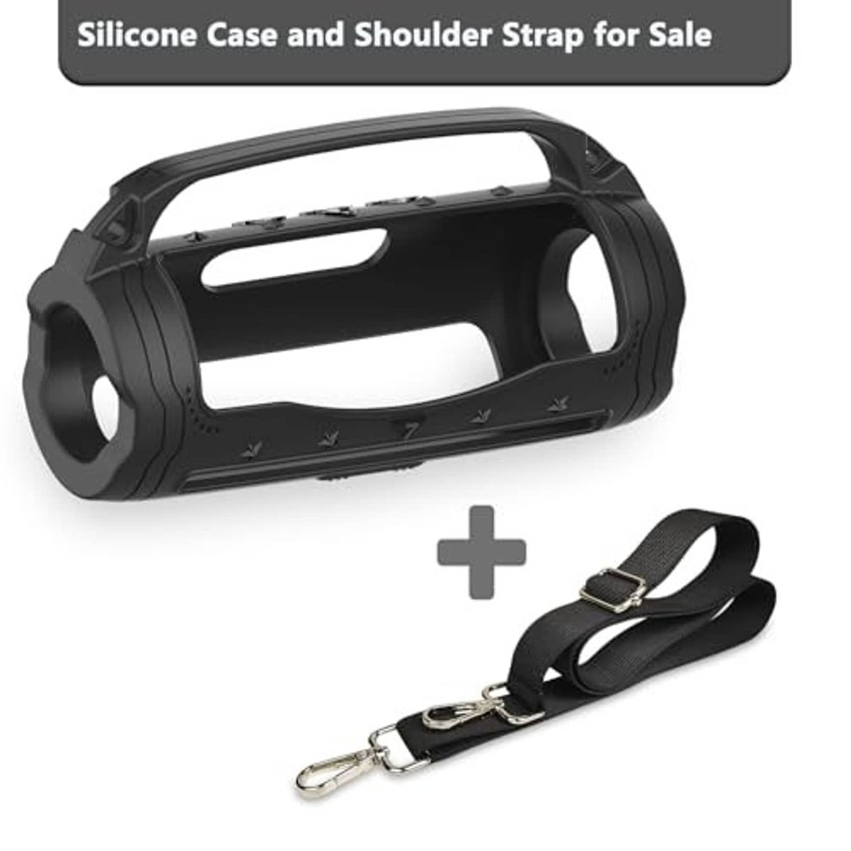 Black silicone speaker case with detachable shoulder strap and accessory hardware