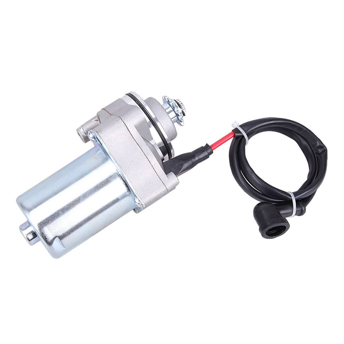 Starter motor with red/black wires and black connector boot, silver cylindrical housing