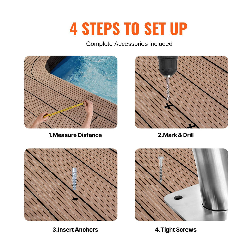 Stainless steel pool handrail mounting kit with base plate and installation hardware
