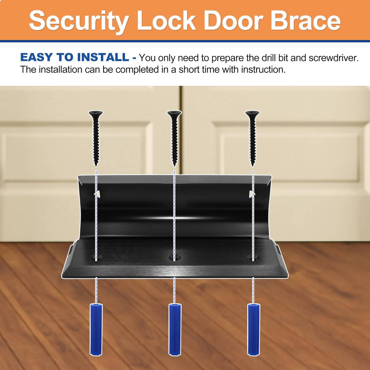 Door brace barricade installed with three screws holding the upper barrier in place