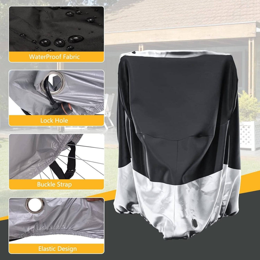 Black and silver tricycle cover with lock hole, buckle straps, and elastic design