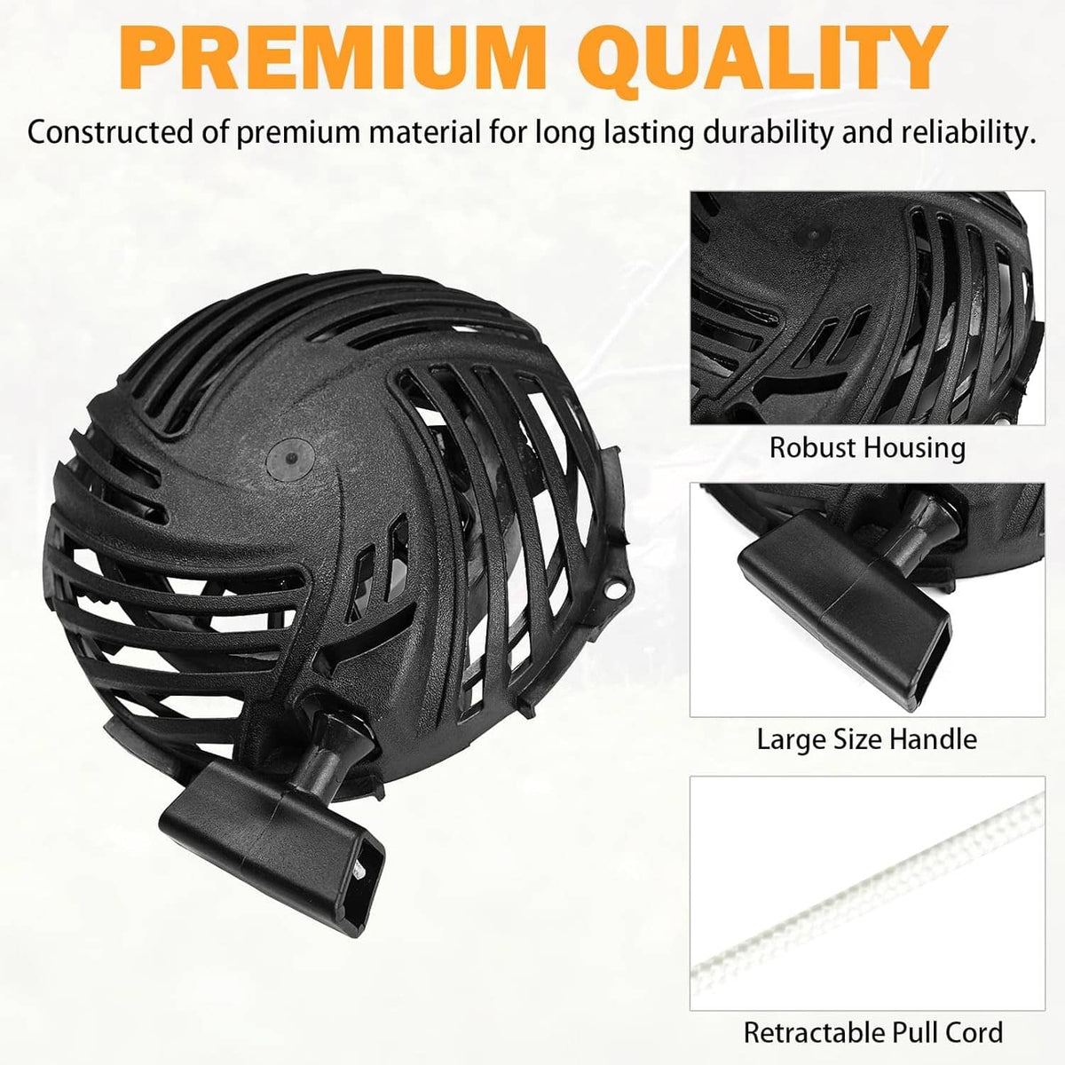 Black recoil starter assembly with retractable pull cord and large handle