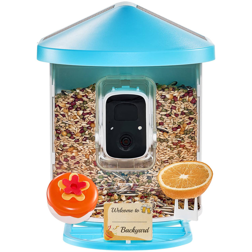 Smart bird feeder close-up with clear seed chamber and built-in camera module