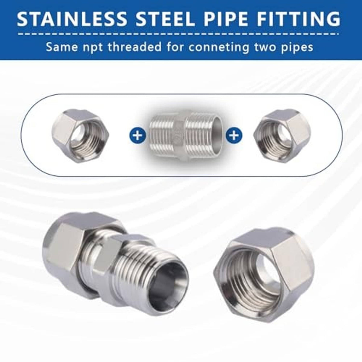 316 stainless steel NPT hex nipple adapter for connecting pipes, paired view