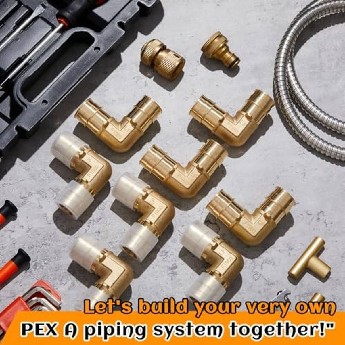 Multiple solid brass 90-degree PEX elbow fittings arranged for a plumbing system