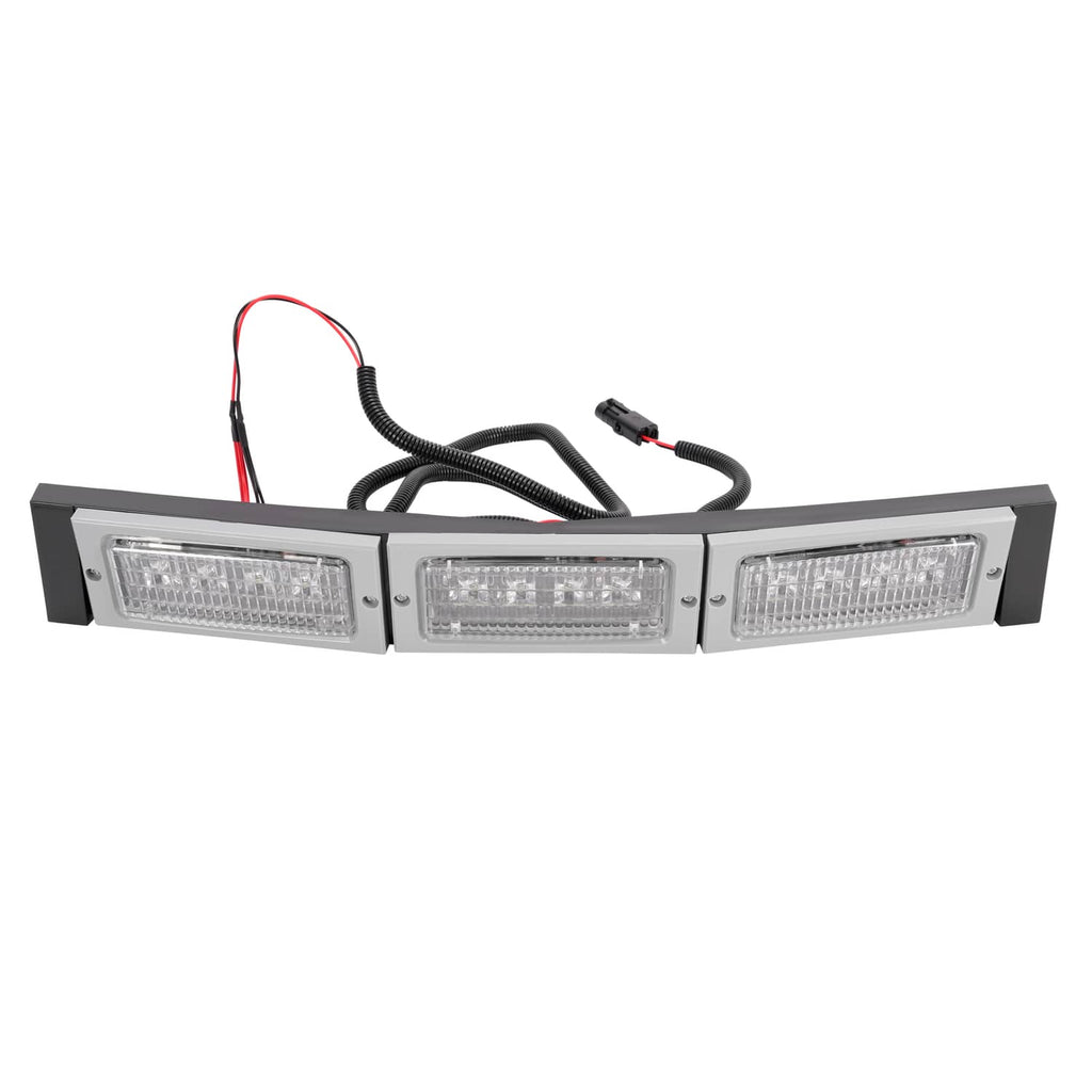 LED tractor light bar with three rectangular lamps and wiring leads