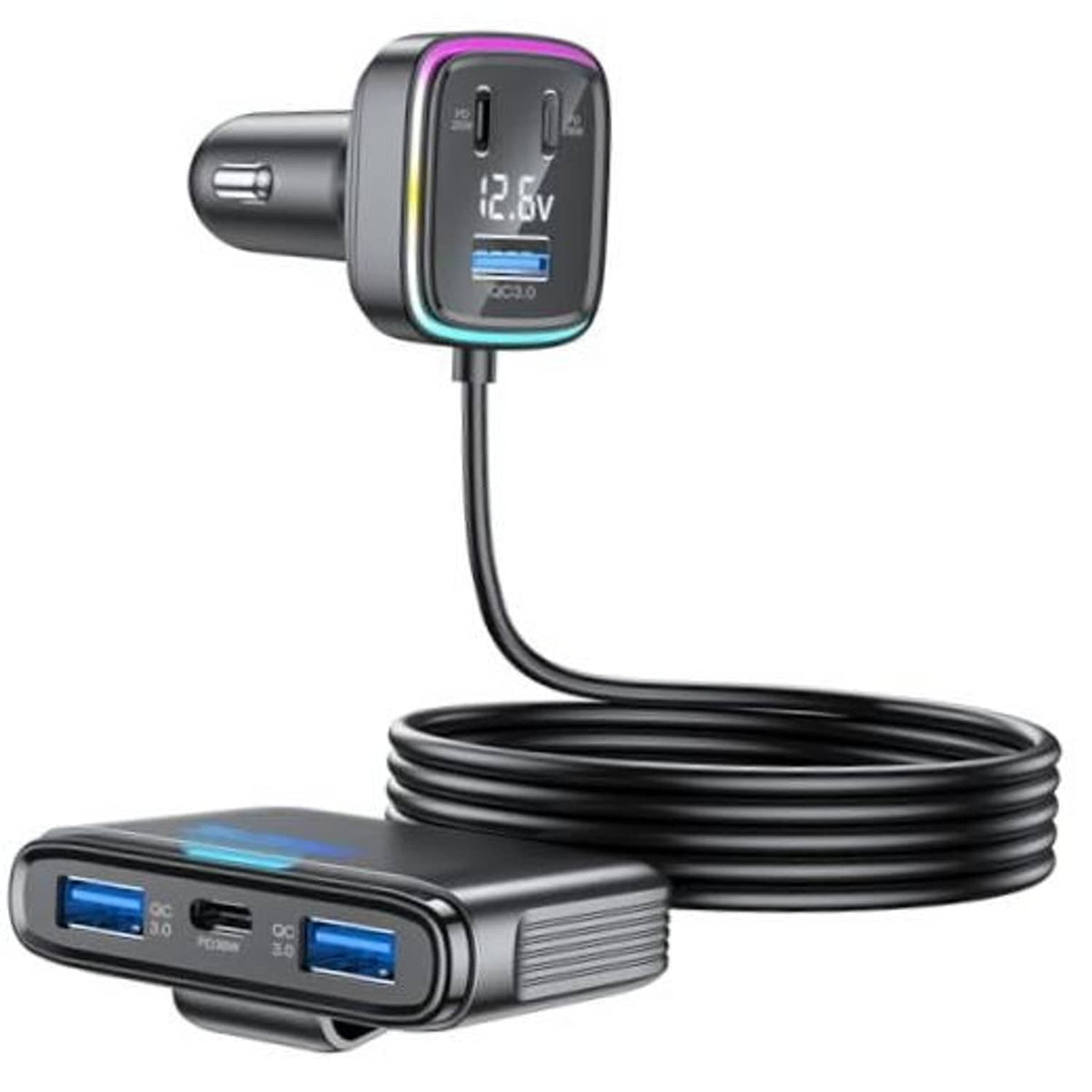 Car USB-C car charger adapter with LED voltage display and connected charging cable.