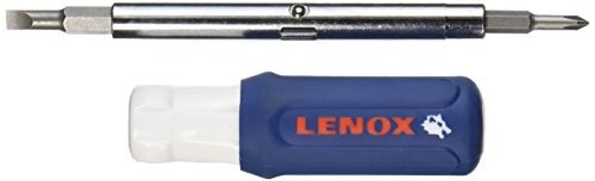 Blue LENOX 6-in-1 screwdriver multi-tool, side view with metal shaft