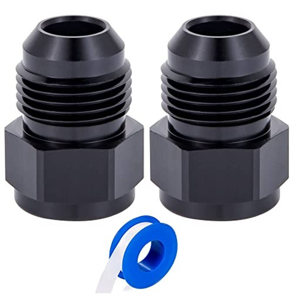 Black 10AN-to-8AN flare reducer adapters, pair with threaded ends and seal piece