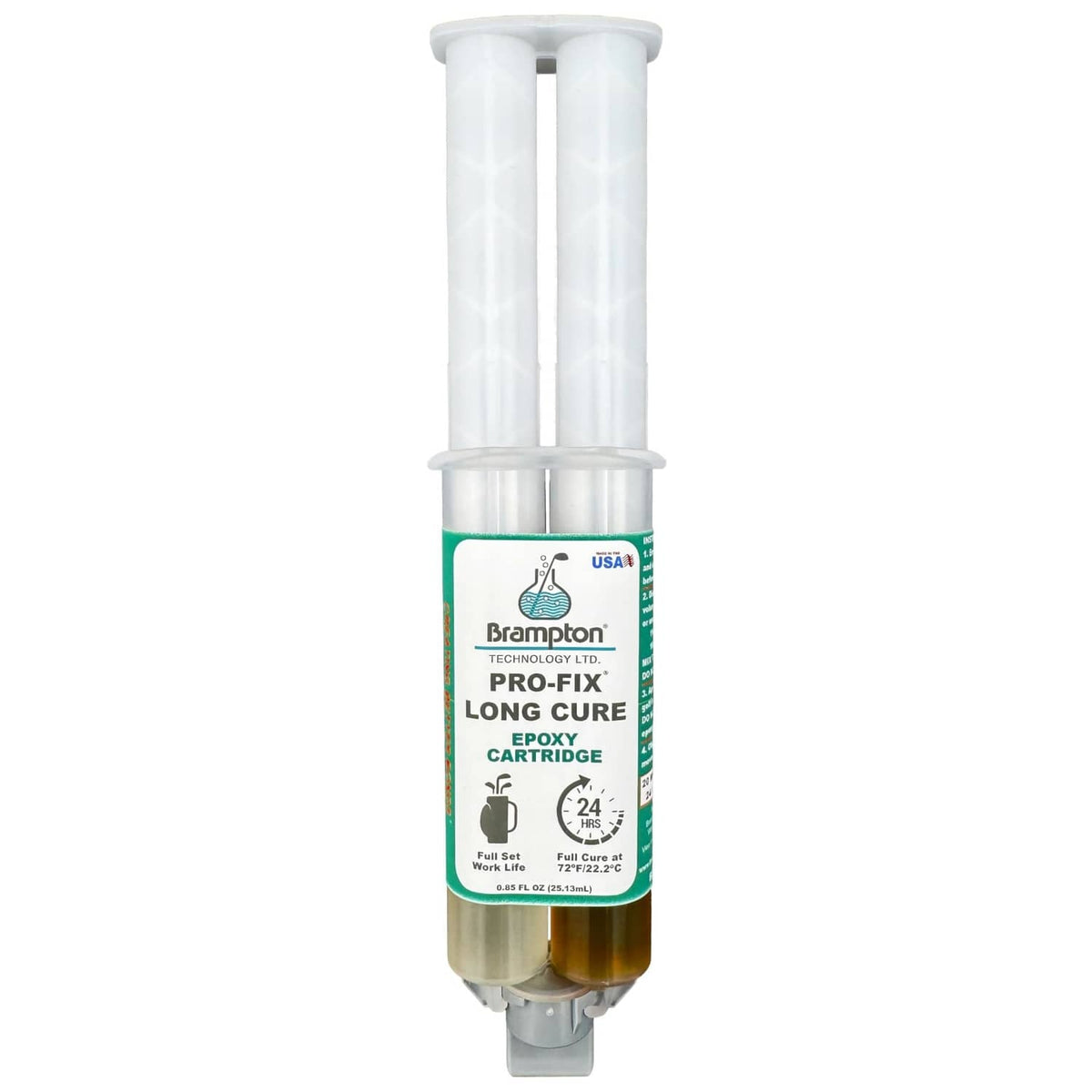 Golf club epoxy cartridge in a white tube with a green label and nozzle