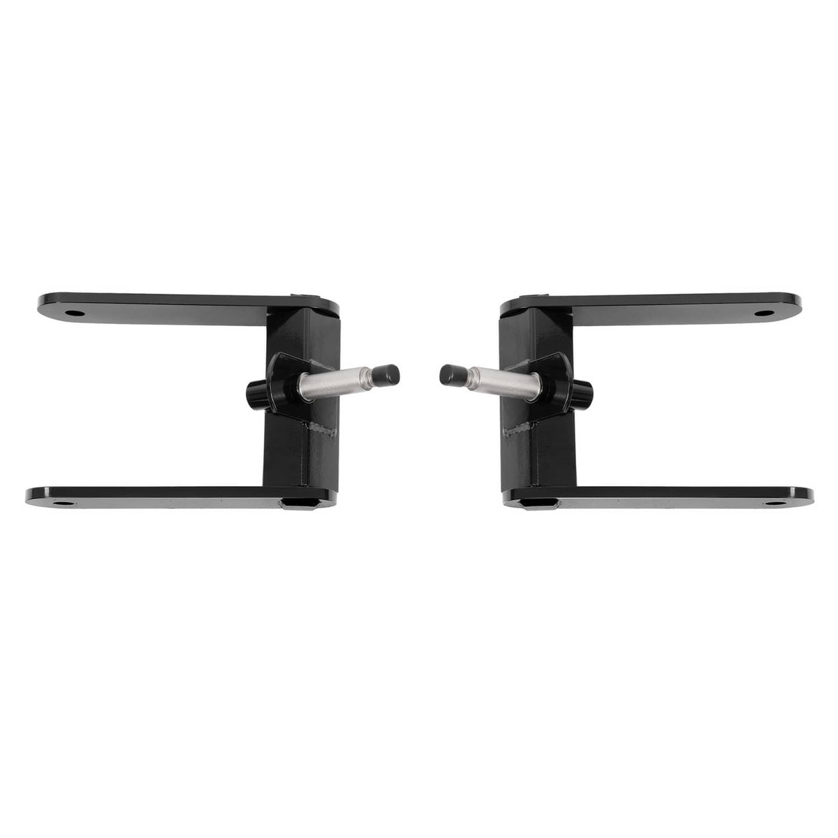 Pair of black axle fork brackets with silver attachment pins
