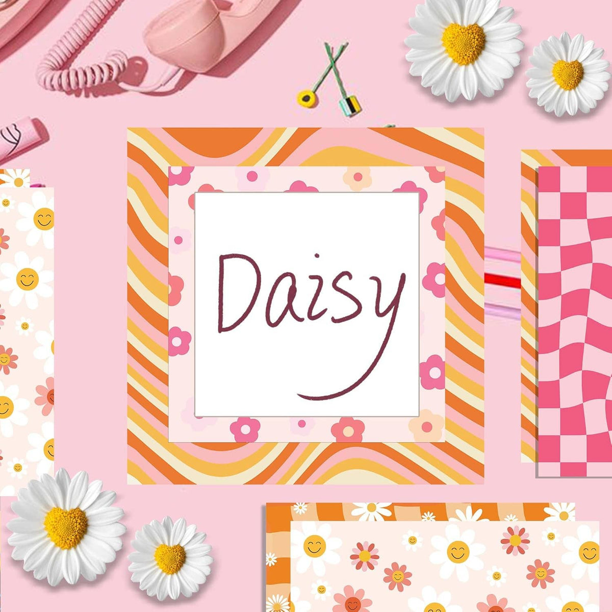 Scrapbook paper design with Daisy lettering on white card and pink checker accents