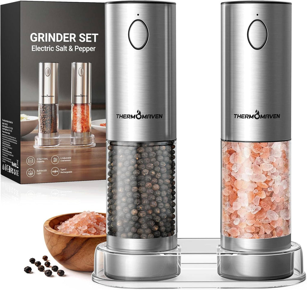 Stainless steel THERMOMAVEN electric salt and pepper grinder set with two rechargeable mills