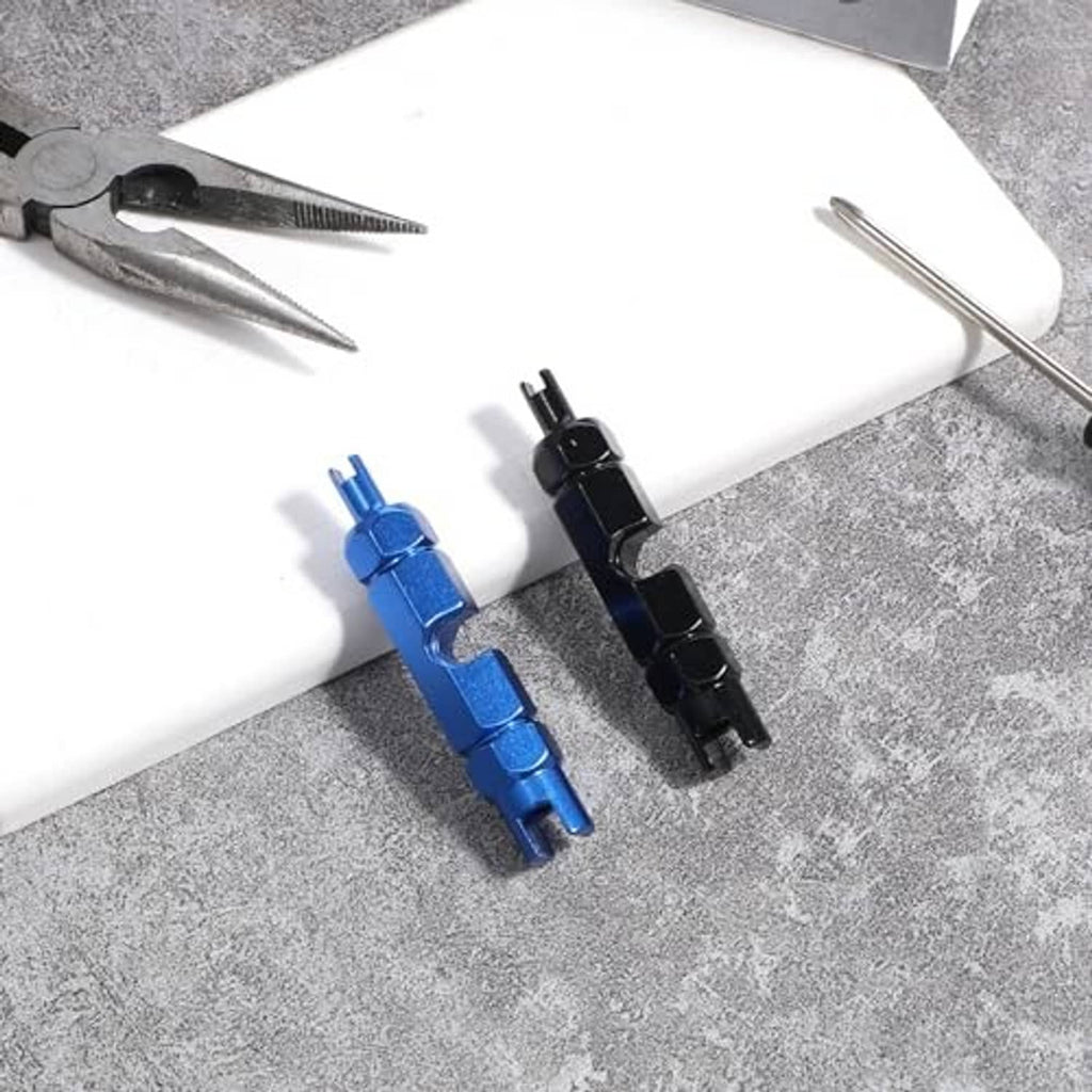 Valve core remover tools set, black and blue with long metal shafts