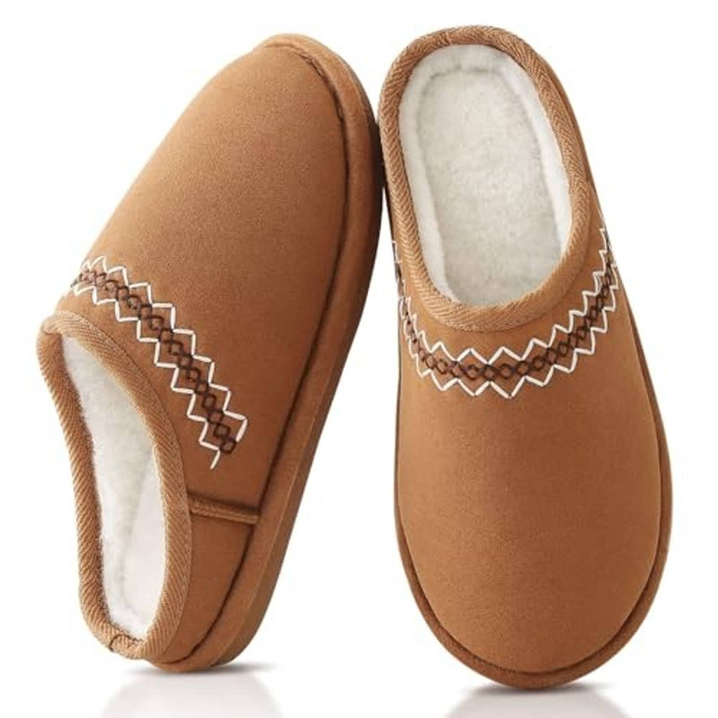 Chestnut suede slip-on slippers with white faux-fur lining and zigzag embroidered edge