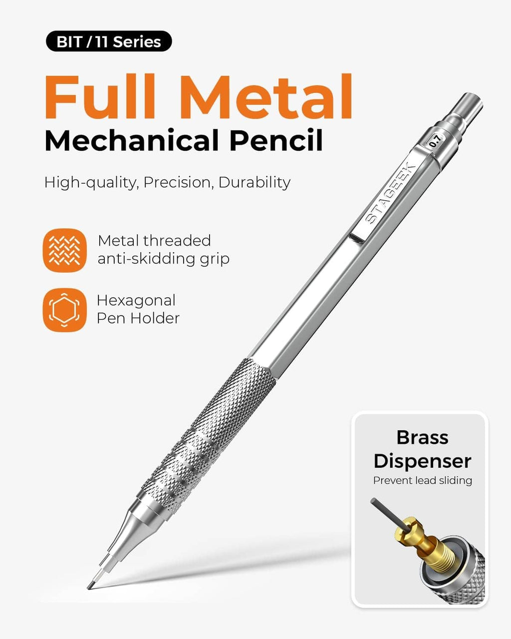 Full metal silver mechanical pencil with textured grip and pointed tip