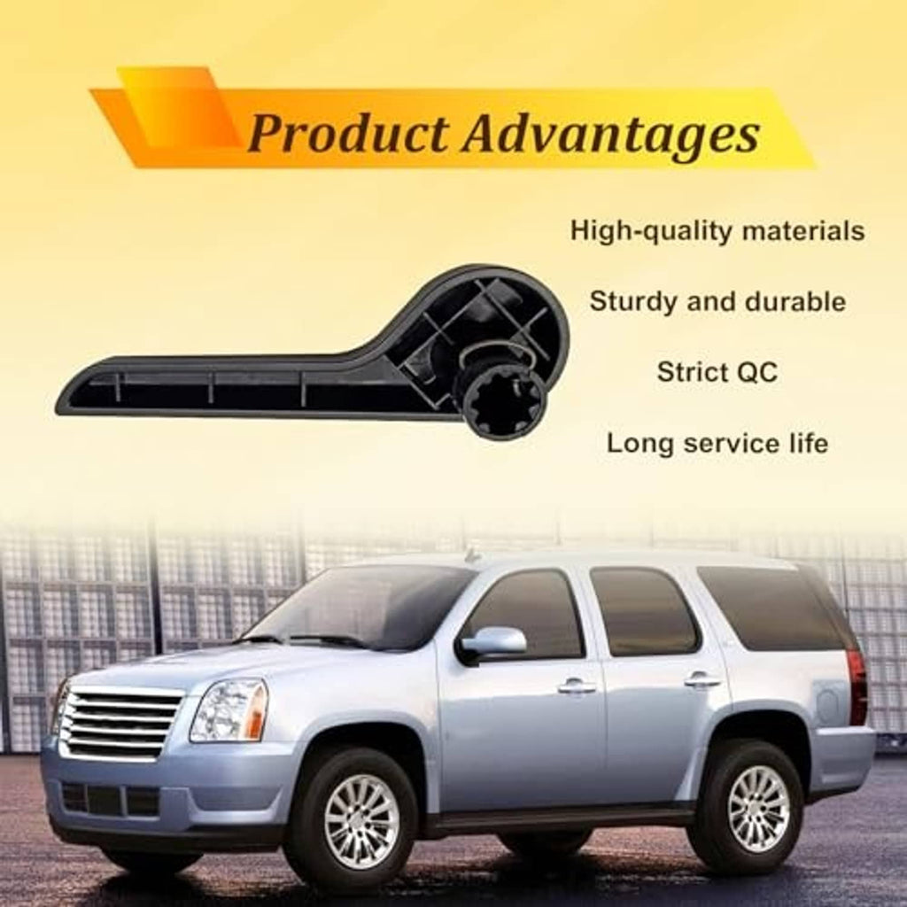 Black seat recliner handle mechanism close-up with vehicle scene