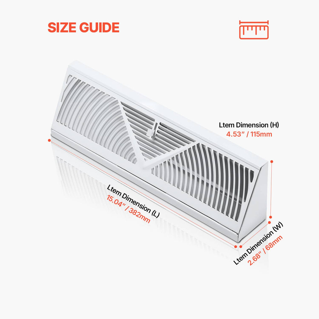White 15-inch floor vent register with slats, V-shaped grille, and side dimensions shown.