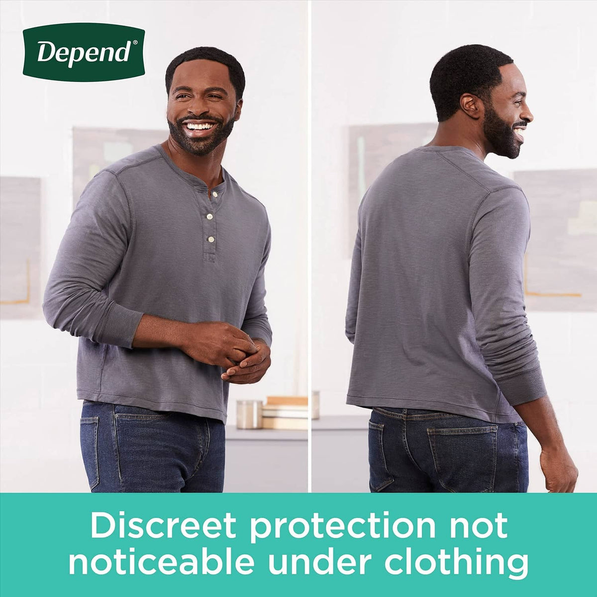 Depend adult incontinence underwear, white briefs worn under casual shirt