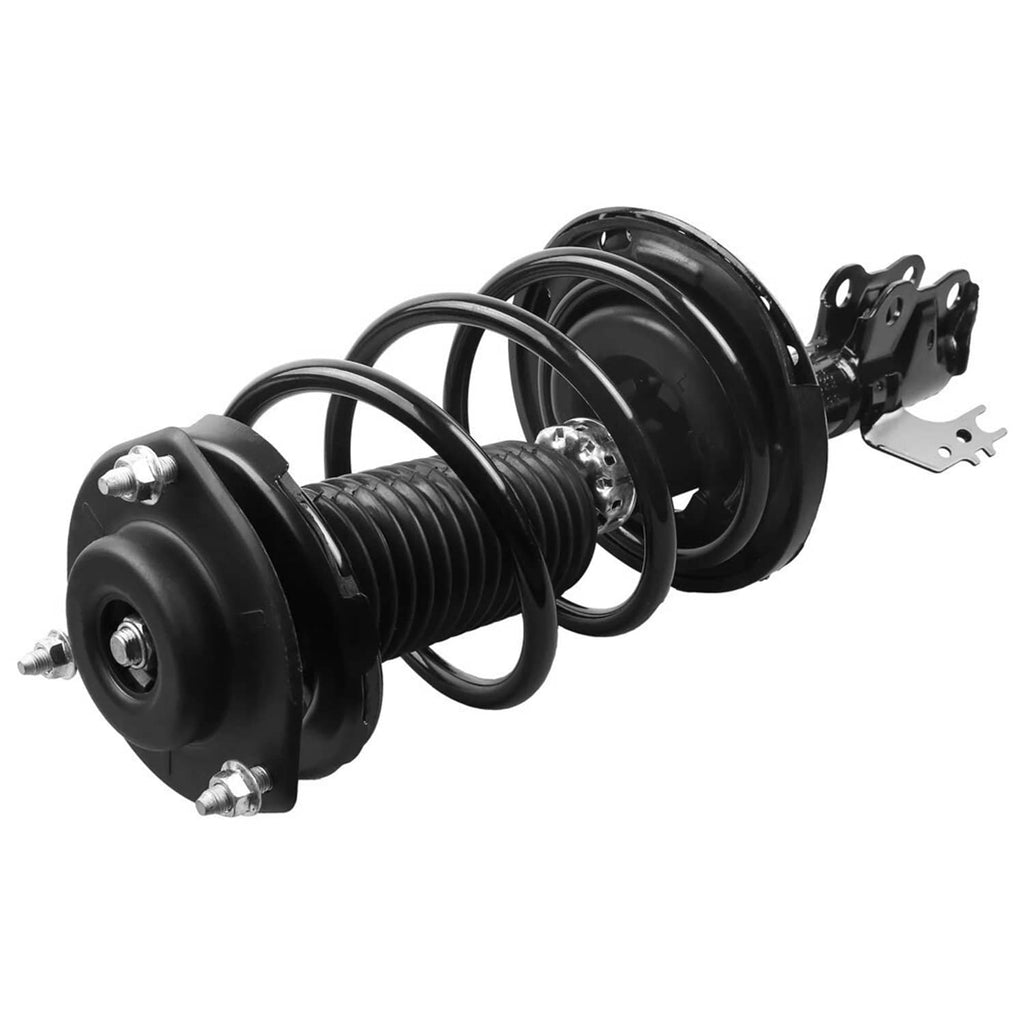 Black front strut shock absorber with coil spring and side mounting bracket