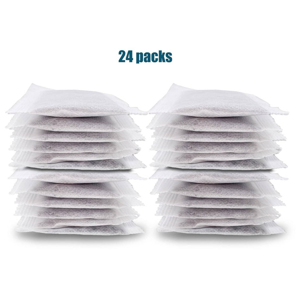 24 pack activated charcoal distiller replacement pads, white sachets with grey charcoal